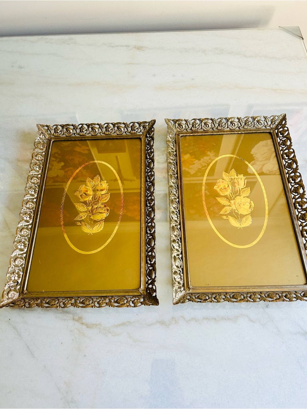 Vintage Gold Vanity Tray Set of 2 Filigree Rose Glass Hollywood Regency Decor